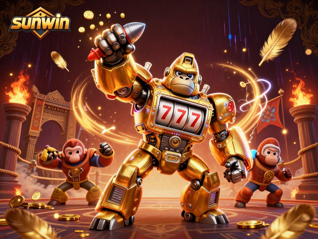 Experience excitement at Sunwin with a gorilla mech themed around slot machines and gold coins.