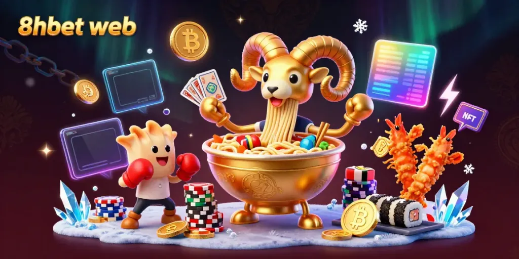 Engage in thrilling games at 8xbet web with interactive characters and crypto elements, showcasing vibrant gambling fun.