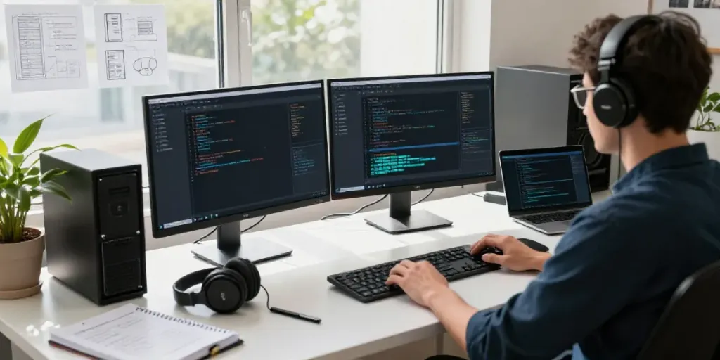 Developer managing Serwer VPS in a modern workspace filled with tech tools and sunlight.