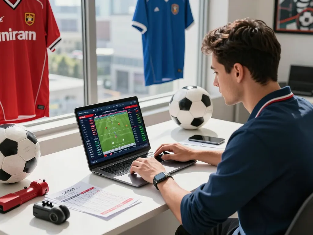 Immersive betting experience with kèo nhà cái displayed on screens, professional gambler analyzing live football odds.