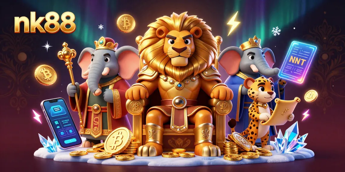Experience thrilling games with nk88, featuring a majestic lion king and bitcoin coins in a vibrant 3D scene.