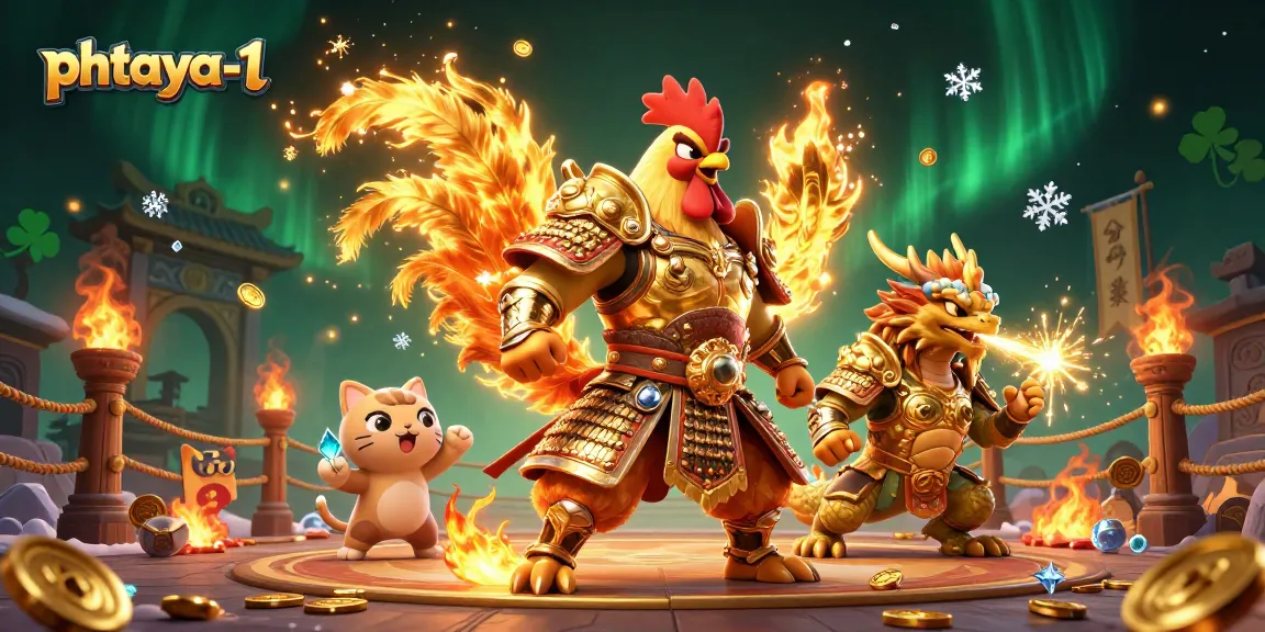 Engage with phtaya-1's thrilling elements where a rooster warrior battles in a vibrant casino arena.