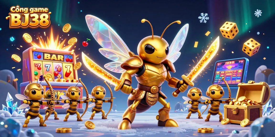 Cổng game BJ38 showcases a vibrant 3D casino scene with a golden hornet samurai amidst dynamic slot machines and casino elements.