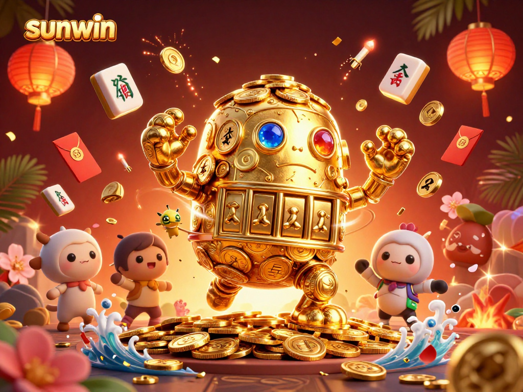 Engage with the thrilling world of sunwin casino, featuring a vibrant golden golem and festive decorations.