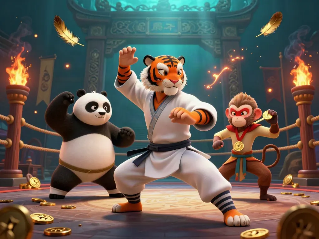 xoso66 promotes engaging fun with a kung fu tiger mastering the crane stance amid vibrant casino elements.