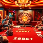 Players enjoying a thrilling poker game at 28BET casino with vibrant chips and cards.