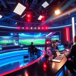Engaging scene of sports broadcasting with live events displayed on screens.