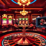 Naga99 online gambling excitement with stylish gaming tables and vibrant slot machines.