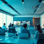 快连官网 showcases global connectivity in a modern office setting, emphasizing fast internet speeds and seamless user experience.
