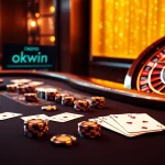 Experience high-stakes betting at an opulent casino table featuring okwin poker chips.