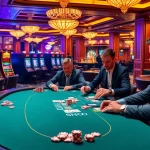Shbet players engaging in high-stake poker with vibrant casino background lights.