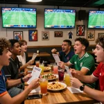 Cá độ bóng đá scene at bustling sports bar with friends, live match excitement.