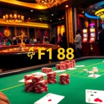 High-stakes poker table at F168 casino with vibrant atmosphere and engaged players.
