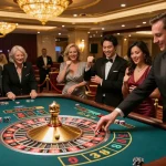 Experience the thrill of TG88 roulette with players eagerly watching the spinning wheel in a luxurious casino.