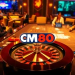 Experience high-stakes gaming with CM88 COM, featuring vibrant casino tables and poker chips.