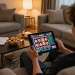 Player enjoying 789f slot games on a tablet in a cozy living room setting, emphasizing mobile gaming experience.