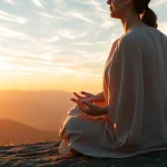 Meditating person on a mountaintop illustrating emotional wellbeing and tranquility.