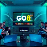 Engaging scene of players using GO8 platform in a stylish gaming lounge.