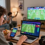 Enthusiastic young man placing kèo nhà cái football bets online in his modern living room.