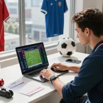 Immersive betting experience with kèo nhà cái displayed on screens, professional gambler analyzing live football odds.