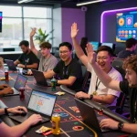 Exciting NK88 gaming scene with diverse players celebrating wins and engaging in casino games in a lively environment.