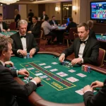 Players strategizing bets at SC88 live casino baccarat table amid elegant decor.