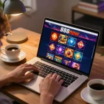 Player navigating the 888now casino website on a laptop at home, showcasing their online gambling experience.