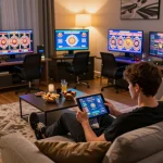 A player engaging with the 92slot online casino on a tablet in a cozy home setting, showcasing a strategic approach
