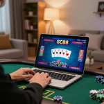 Player enjoying SC88 poker online, showcasing vibrant game interface and personal living room ambiance.