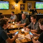 79king bettors celebrating a winning wager at a lively sports bar, showcasing excitement and interaction.