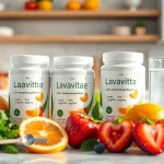 Wzmacniające suplementy Lavavitae wśród świeżych owoców i ziół, zachęcające do zdrowego stylu życia.