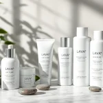 LAVA PURE skincare product beautifully displayed on a marble surface with green accents.