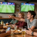 Soi kèo bóng đá enthusiasts watching a live football match in a lively pub, discussing odds and strategies while enjoying drinks and snacks.