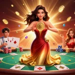 Experience the excitement of go 88 with a stunning Asian woman holding a golden coin in a rich casino environment.