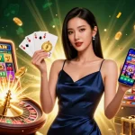 Experience thrilling gameplay at hi88 with a confident Asian woman showcasing a casino app and golden chip.