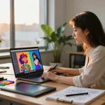 Creative workspace showcasing a young woman using Crush on AI for digital art, with AI-generated images on screen and artistic tools around.