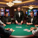 Players engaging in a high-stakes poker game at 79king with vibrant chips and cards, set in an upscale casino.