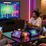 Diverse friends enjoying the UK88 online gambling experience with vibrant gaming setup.