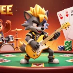 BDBAJEE showcases an exhilarating casino atmosphere with a rock star wolf and drummer bear bringing vibrant energy to poker games.