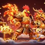 ggwin illustrates a powerful rooster warrior and dragon hatchling amidst dynamic casino elements.