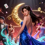 Immerse in the excitement at ALO8 with a stunning casino scene featuring a glamorous Asian lady, celebrating winning moments with vibrant game elements.