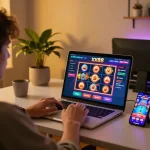Engaging player using xx88 online casino platform on laptop with vibrant slot games displayed.