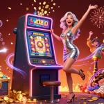 Experience the excitement of O8 as a stunning character celebrates a jackpot amidst vibrant casino elements.