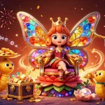 Bet on open88 in a vibrant casino scene, featuring a butterfly queen, chips, and treasures.