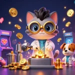 KX8 casino scene featuring a cat scientist and dog assistant amidst colorful gaming elements and sparkling coins