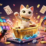 Cakhia tv showcases a vibrant 3D illustration of an Egyptian mummy cat in a casino setting, enhancing gambling excitement.