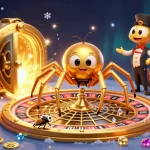 Cổng game Ug38 features a thrilling scene with a golden spider, fly, and centipede croupier in an excitement-filled casino illustration.