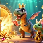 Experience the thrill of CM88 slots as a T-Rex shuffles cards while treasures burst forth from a vault.