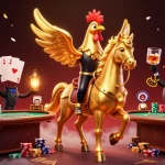 Engage with thrilling games at lv88t1's vibrant casino, featuring a golden rooster amidst action-packed poker tables.