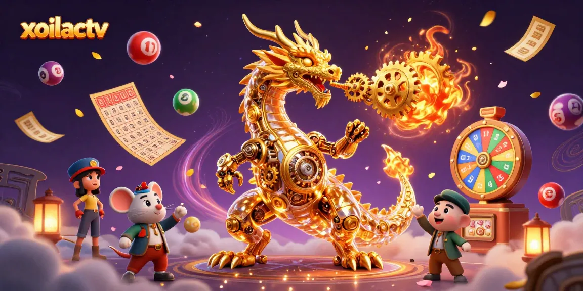 Experience thrilling excitement with xoilactv as a golden dragon releases cogs and confetti amidst a vibrant lottery scene.